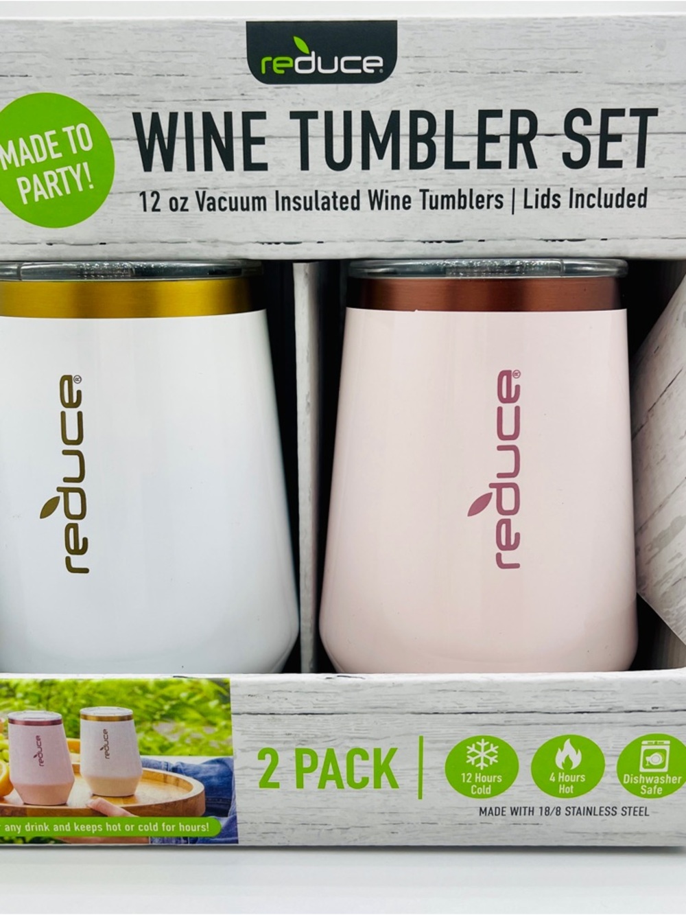 2-Pack 12 oz Vacuum Insulated Wine Tumblers — White & Light Pink